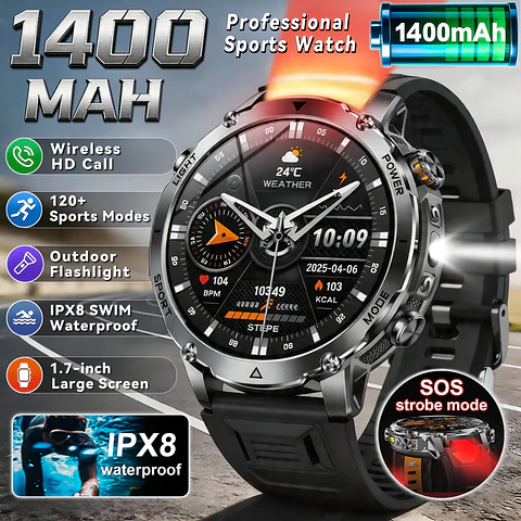 Smartwatch Masculino com 120 Dias de Autonomia em Standby, Ecrã Tátil HD Ultra Grande de 4,32 cm, Bateria de 1400 mAh, Lanterna LED SOS Dupla (Vermelho e Branco), Mais de 120 Modos...