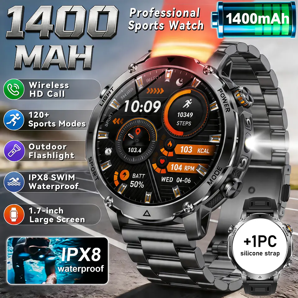 Smartwatch Masculino com 120 Dias de Autonomia em Standby, Ecrã Tátil HD Ultra Grande de 4,32 cm, Bateria de 1400 mAh, Lanterna LED SOS Dupla (Vermelho e Branco), Mais de 120 Modos... 2