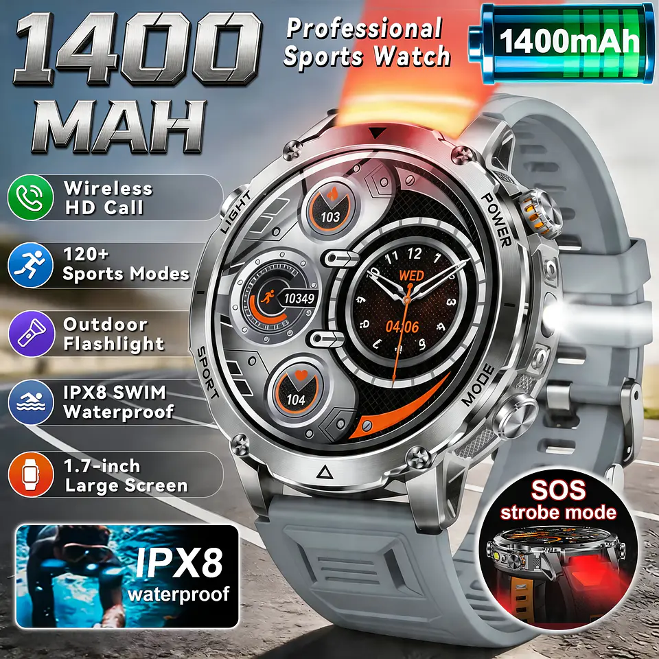 Smartwatch Masculino com 120 Dias de Autonomia em Standby, Ecrã Tátil HD Ultra Grande de 4,32 cm, Bateria de 1400 mAh, Lanterna LED SOS Dupla (Vermelho e Branco), Mais de 120 Modos... 3