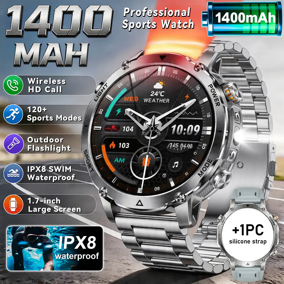 Smartwatch Masculino com 120 Dias de Autonomia em Standby, Ecrã Tátil HD Ultra Grande de 4,32 cm, Bateria de 1400 mAh, Lanterna LED SOS Dupla (Vermelho e Branco), Mais de 120 Modos... 4