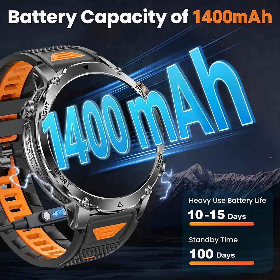 Smartwatch Masculino com 120 Dias de Autonomia em Standby, Ecrã Tátil HD Ultra Grande de 4,32 cm, Bateria de 1400 mAh, Lanterna LED SOS Dupla (Vermelho e Branco), Mais de 120 Modos... 5