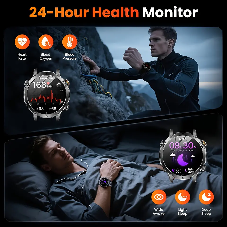 Smartwatch Masculino com 120 Dias de Autonomia em Standby, Ecrã Tátil HD Ultra Grande de 4,32 cm, Bateria de 1400 mAh, Lanterna LED SOS Dupla (Vermelho e Branco), Mais de 120 Modos... 11