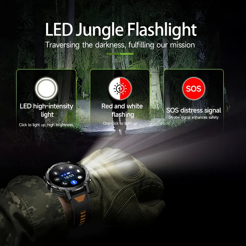 Smartwatch Masculino com 120 Dias de Autonomia em Standby, Ecrã Tátil HD Ultra Grande de 4,32 cm, Bateria de 1400 mAh, Lanterna LED SOS Dupla (Vermelho e Branco), Mais de 120 Modos... 12