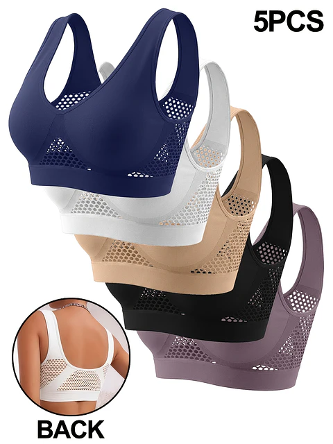 Conjunto de 5 sutiãs desportivos femininos, regatas desportivas de ioga com suporte leve, sem bojo, malha vazada, tecido respirável vazado de secagem rápida, roupa íntima diária sem...