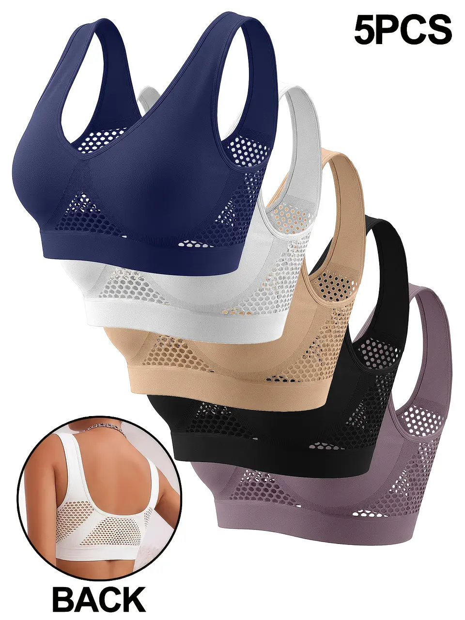 Conjunto de 5 sutiãs desportivos femininos, regatas desportivas de ioga com suporte leve, sem bojo, malha vazada, tecido respirável vazado de secagem rápida, roupa íntima diária sem... 1