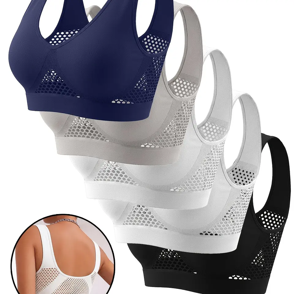 Conjunto de 5 sutiãs desportivos femininos, regatas desportivas de ioga com suporte leve, sem bojo, malha vazada, tecido respirável vazado de secagem rápida, roupa íntima diária sem... 2