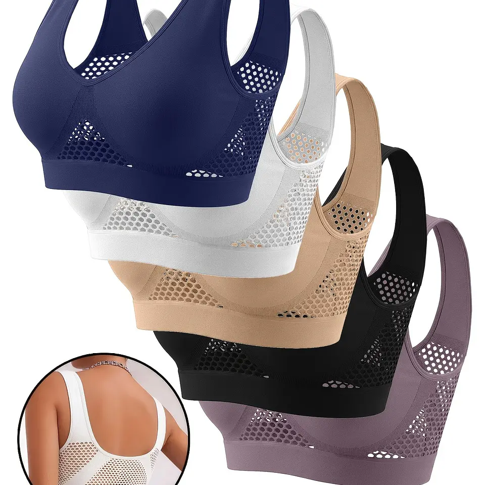 Conjunto de 5 sutiãs desportivos femininos, regatas desportivas de ioga com suporte leve, sem bojo, malha vazada, tecido respirável vazado de secagem rápida, roupa íntima diária sem... 3