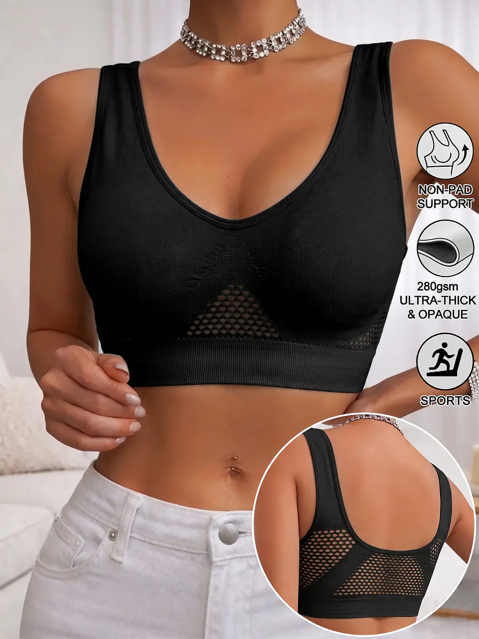 Conjunto de 5 sutiãs desportivos femininos, regatas desportivas de ioga com suporte leve, sem bojo, malha vazada, tecido respirável vazado de secagem rápida, roupa íntima diária sem... 6