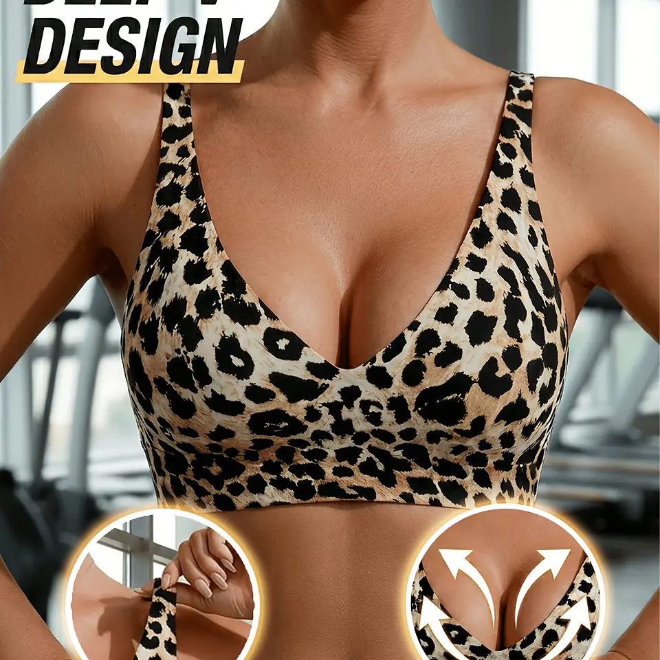 Roupa Interior Desportiva Feminina com Estampado de Leopardo, Sutiã Sexy Anti-Flacidez 3