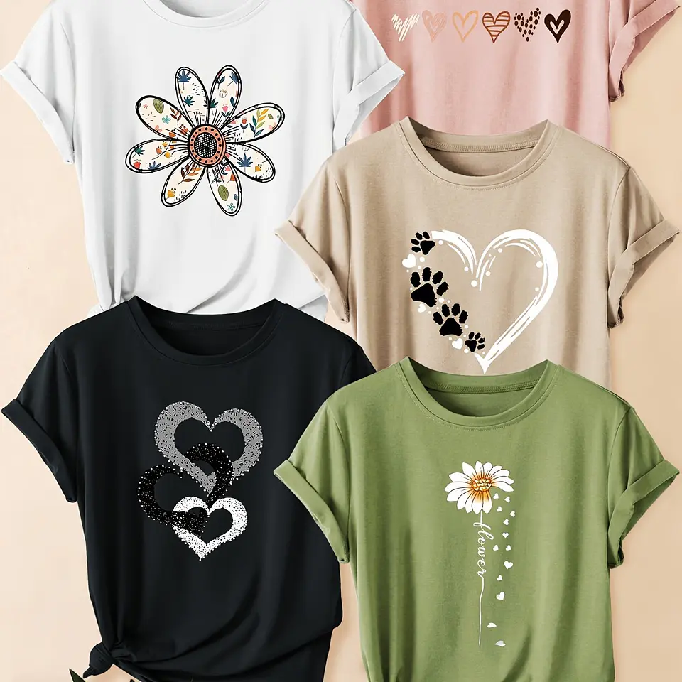 Conjunto 5 Camisetas Retrô Femininas | Estampas Florais e de Corações 2