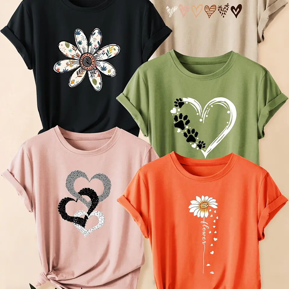 Conjunto 5 Camisetas Retrô Femininas | Estampas Florais e de Corações 3