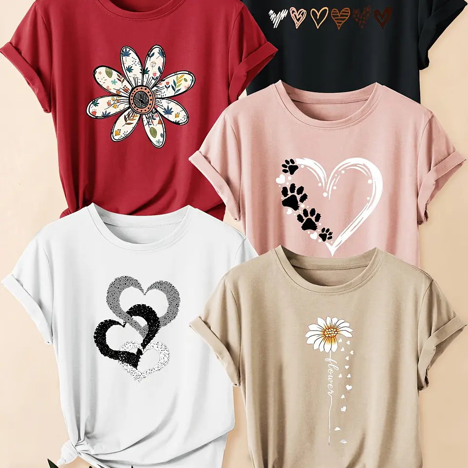 Conjunto 5 Camisetas Retrô Femininas | Estampas Florais e de Corações 4