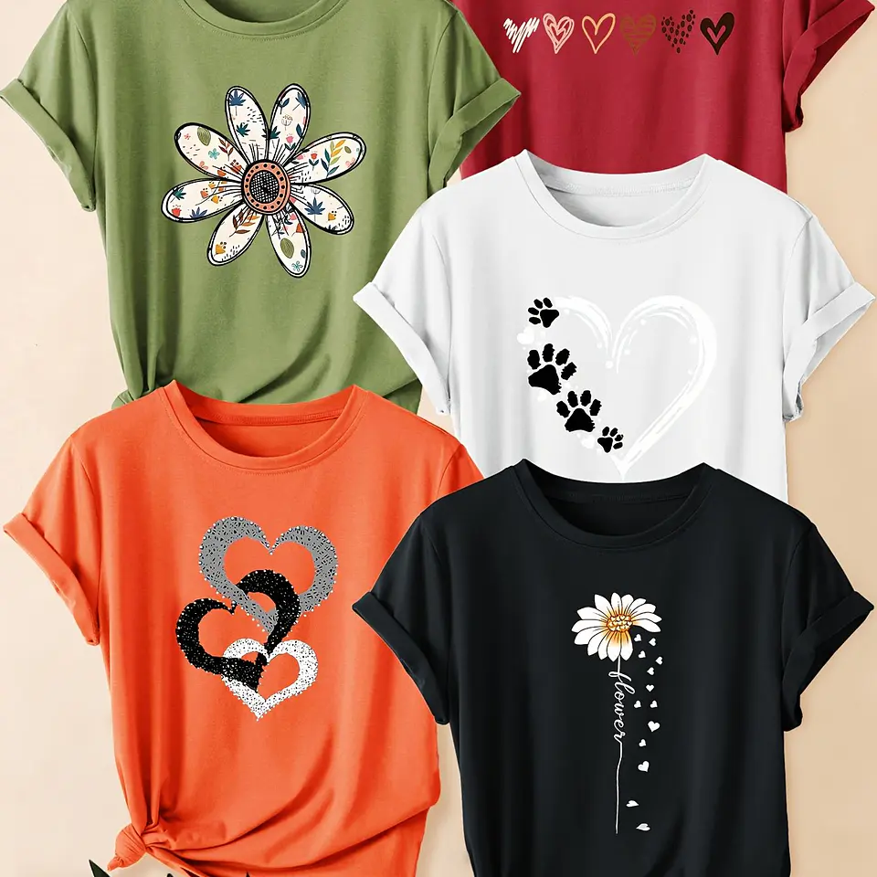 Conjunto 5 Camisetas Retrô Femininas | Estampas Florais e de Corações 5