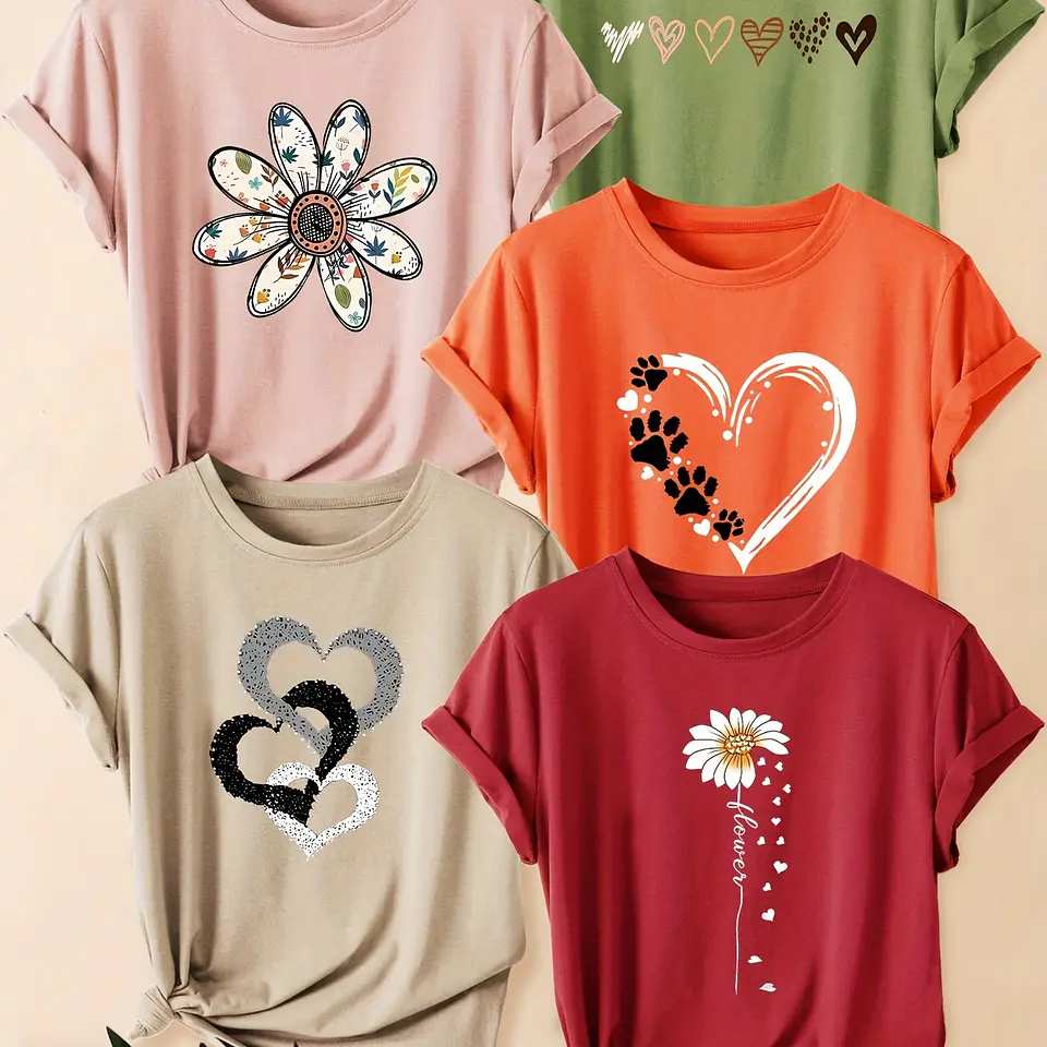 Conjunto 5 Camisetas Retrô Femininas | Estampas Florais e de Corações 6