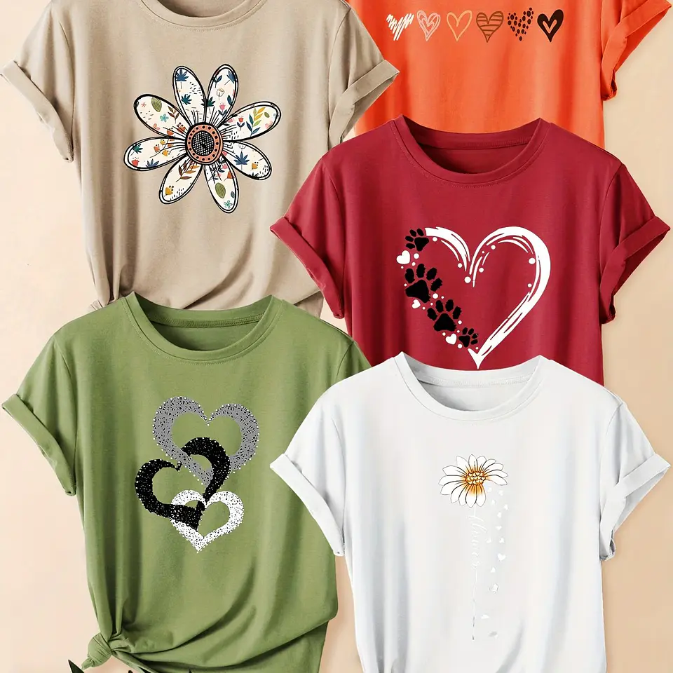 Conjunto 5 Camisetas Retrô Femininas | Estampas Florais e de Corações 7