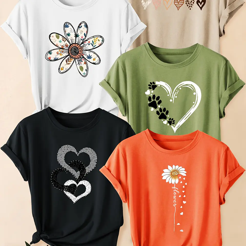 Conjunto 5 Camisetas Retrô Femininas | Estampas Florais e de Corações 8
