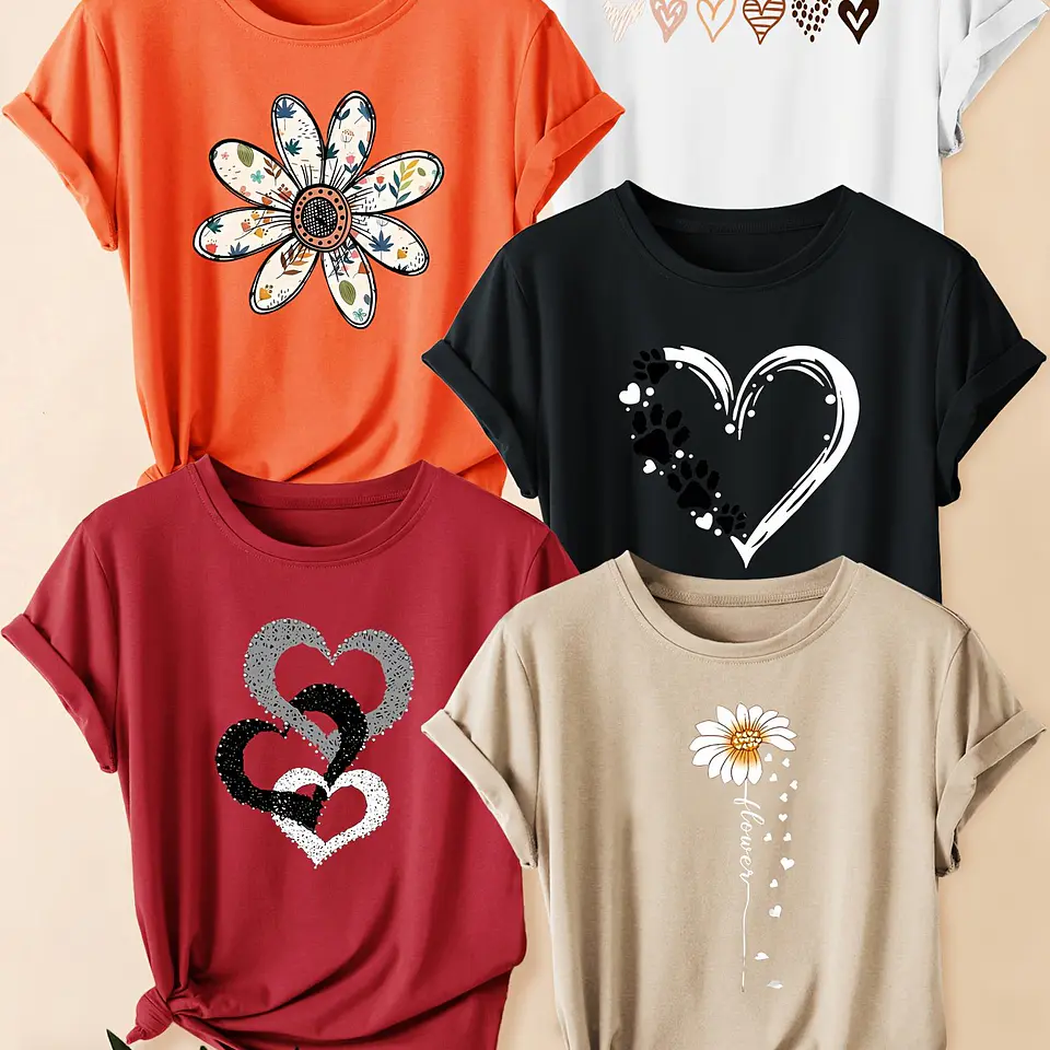 Conjunto 5 Camisetas Retrô Femininas | Estampas Florais e de Corações 9