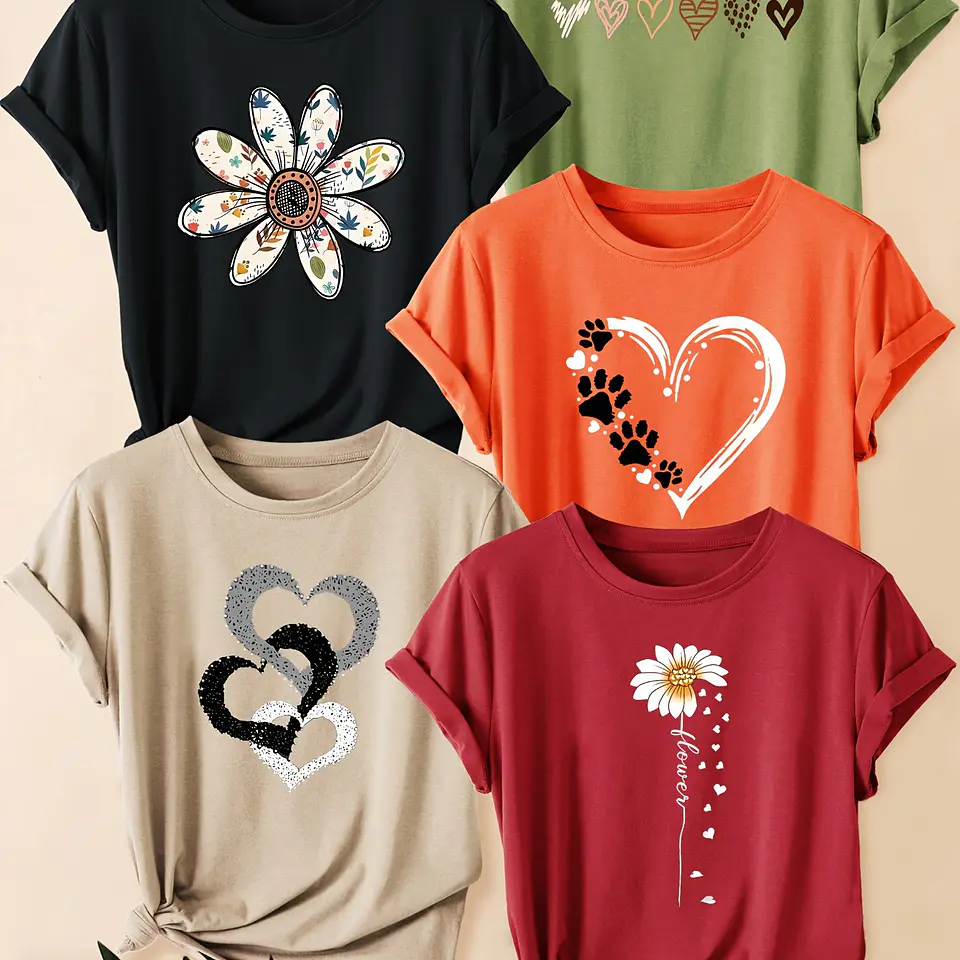Conjunto 5 Camisetas Retrô Femininas | Estampas Florais e de Corações 10