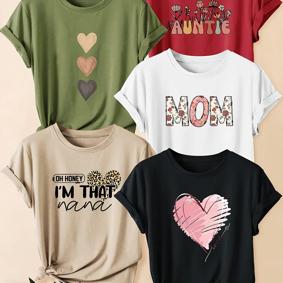 Conjunto 5 Camisetas Retrô Femininas | Estampas Florais e de Corações 11