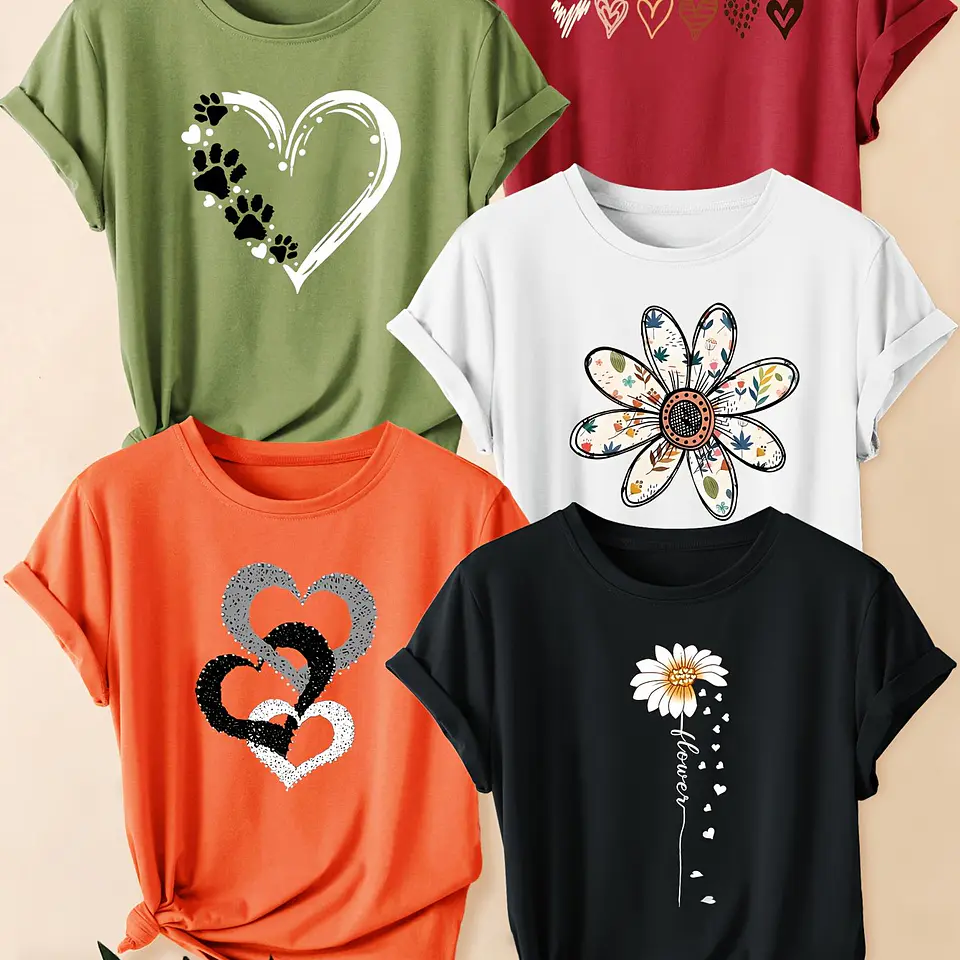 Conjunto 5 Camisetas Retrô Femininas | Estampas Florais e de Corações 12