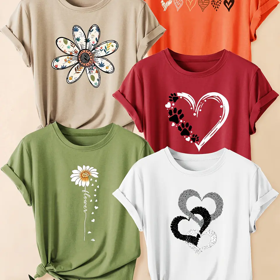 Conjunto 5 Camisetas Retrô Femininas | Estampas Florais e de Corações 13