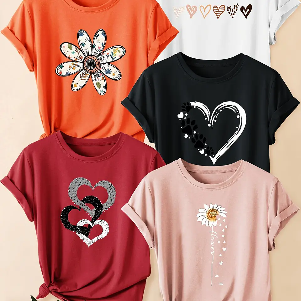Conjunto 5 Camisetas Retrô Femininas | Estampas Florais e de Corações 14