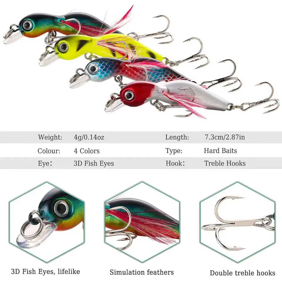 Conjunto de Wobblers Sougayilang 4 Unidades | Anzóis Anticorrosão para Bass e Carpa 3
