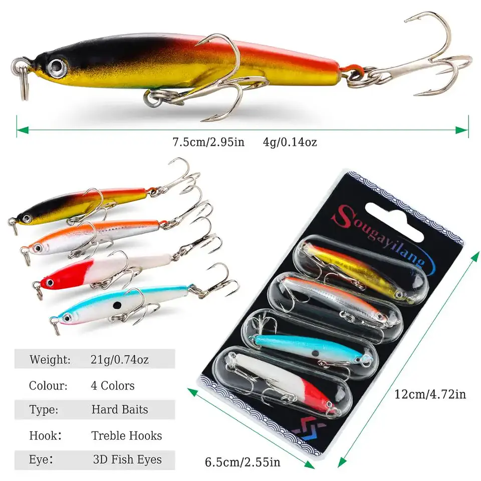 Conjunto de Wobblers Sougayilang 4 Unidades | Anzóis Anticorrosão para Bass e Carpa 4