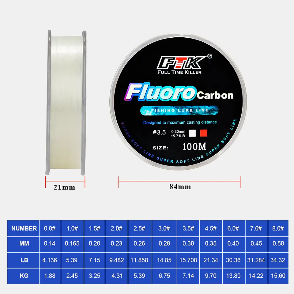 Linha de Pesca em Fluorocarbono FTK 100M | Invisível e Afundante para Pesca de Carpa 3