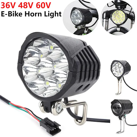 Farol com Buzina 2 em 1 18W | 9 LEDs para E-Bike 36V/48V/60V com Interruptor