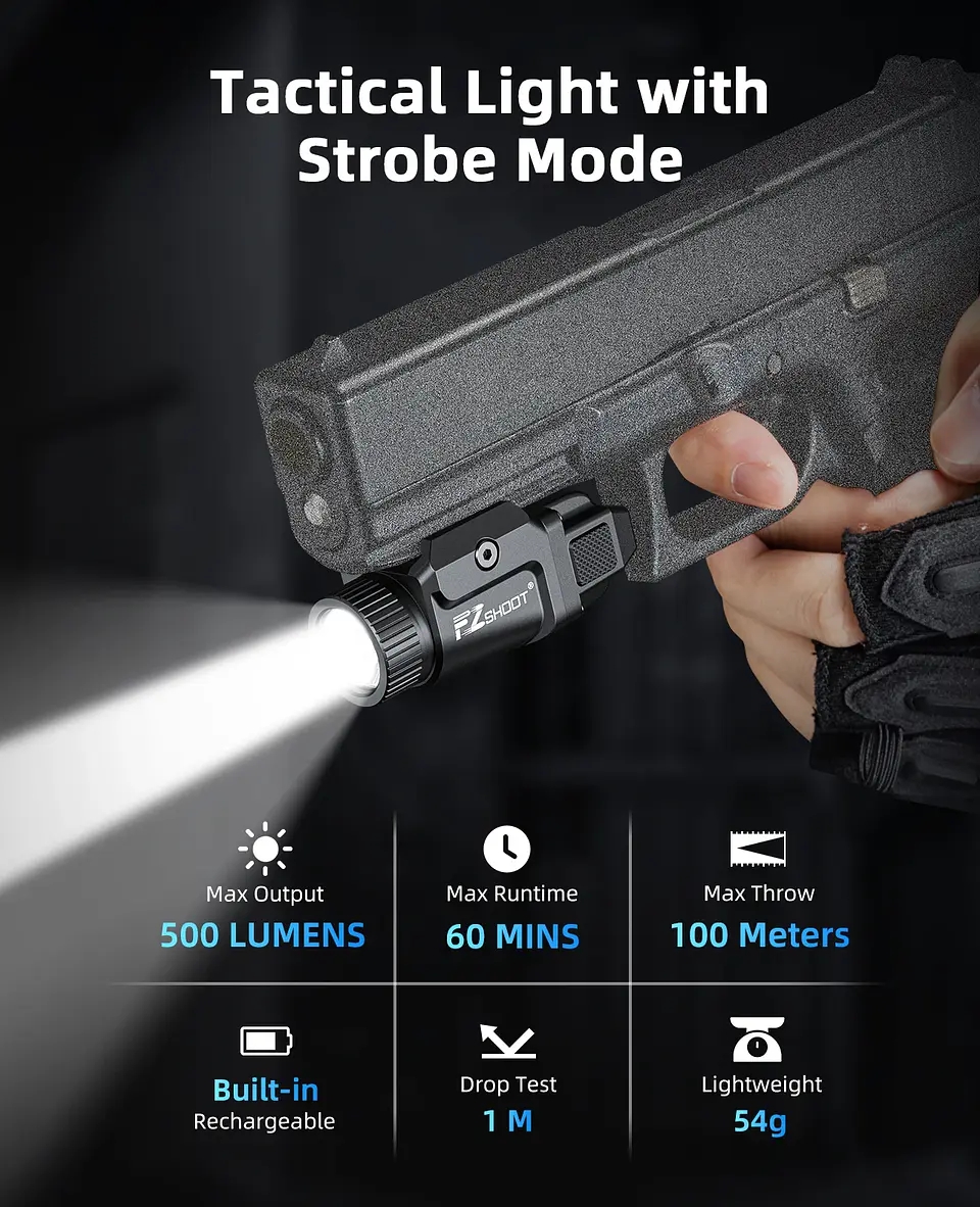 Lanterna Tática EZshoot 500 Lúmens | Strobe e Recarregável para Trilho Picatinny e GL 1