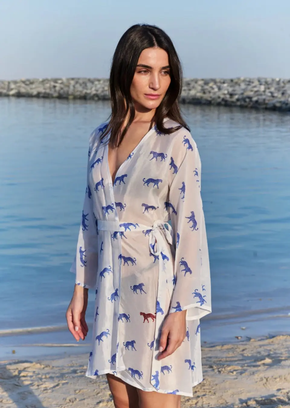 Leopard Luxe Printed Short Kimono - Blue & White Beach Cover Up 4