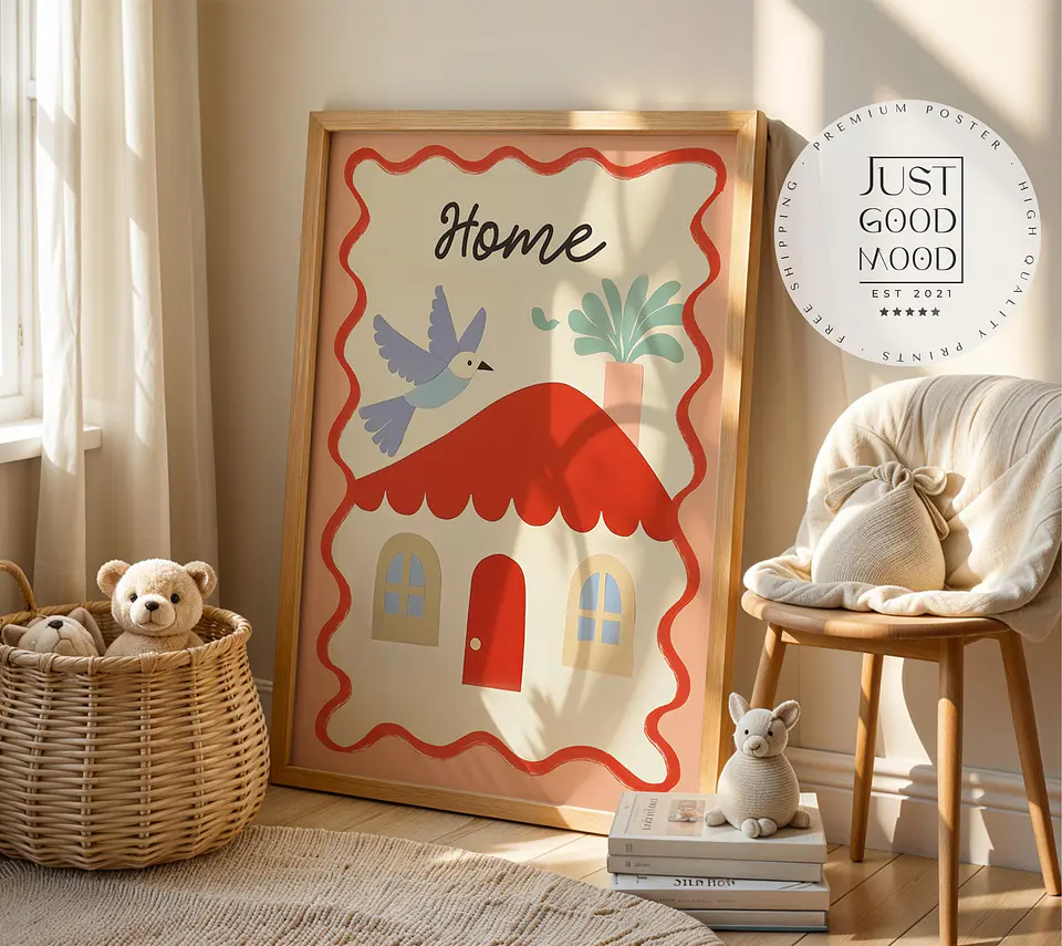 Poster Kinderzimmer Haus · Home mit Vogel & Pflanze · Liebevolles Wandbild · Sanfte Farben · Deko Print ohne Rahmen 1