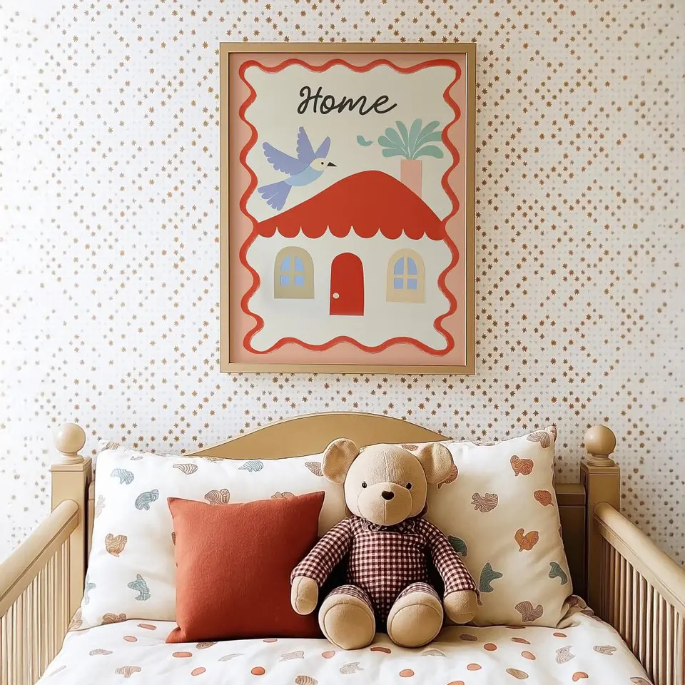 Poster Kinderzimmer Haus · Home mit Vogel & Pflanze · Liebevolles Wandbild · Sanfte Farben · Deko Print ohne Rahmen 2