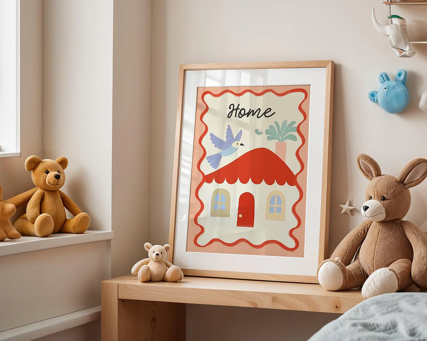 Poster Kinderzimmer Haus · Home mit Vogel & Pflanze · Liebevolles Wandbild · Sanfte Farben · Deko Print ohne Rahmen 3