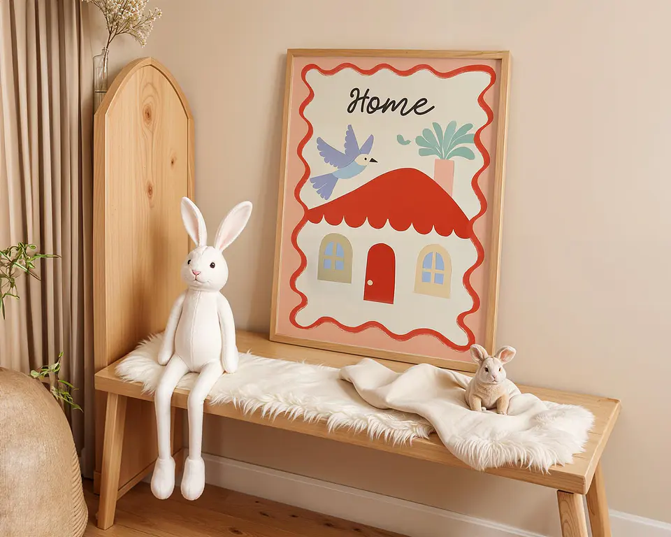 Poster Kinderzimmer Haus · Home mit Vogel & Pflanze · Liebevolles Wandbild · Sanfte Farben · Deko Print ohne Rahmen 4