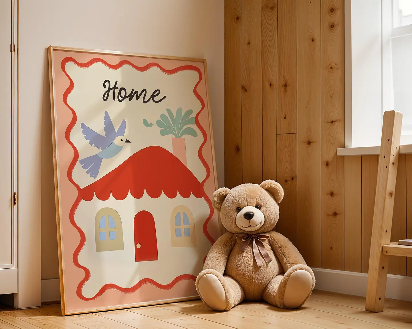 Poster Kinderzimmer Haus · Home mit Vogel & Pflanze · Liebevolles Wandbild · Sanfte Farben · Deko Print ohne Rahmen 5