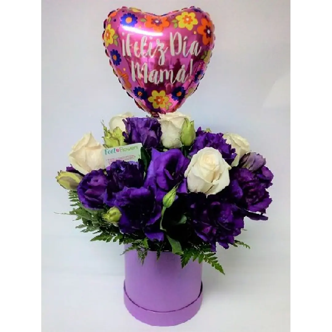 Caja lisianthus y rosas con globo mamá 1