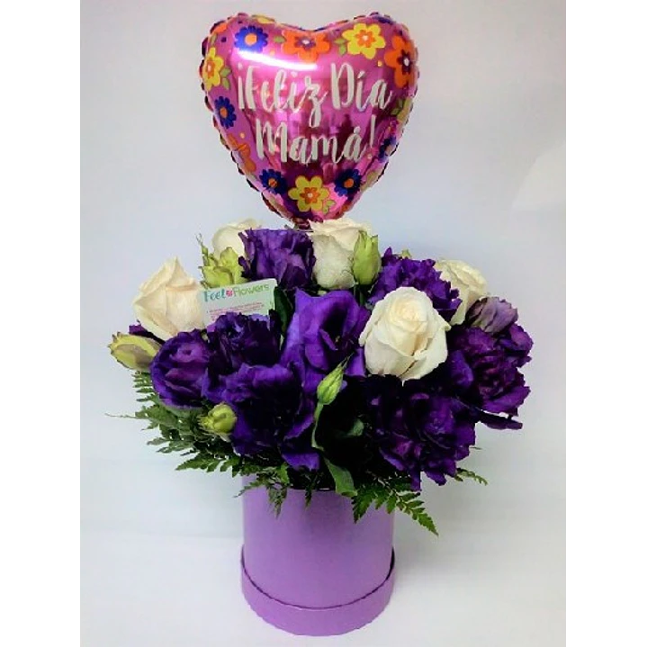 Caja lisianthus y rosas con globo mamá 1