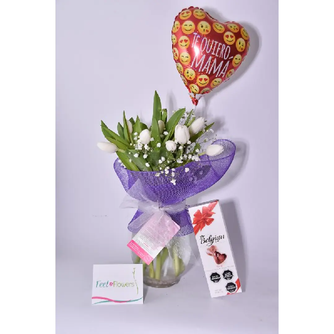 Florero de 10 tulipanes con globo mamá y chocolates 1