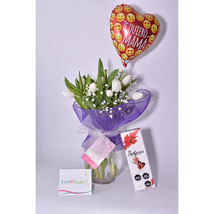 Florero de 10 tulipanes con globo mamá y chocolates