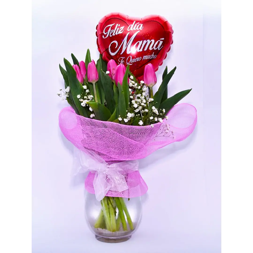 Florero de 10 Tulipanes con globo mamá 1