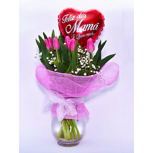 Florero de 10 Tulipanes con globo mamá