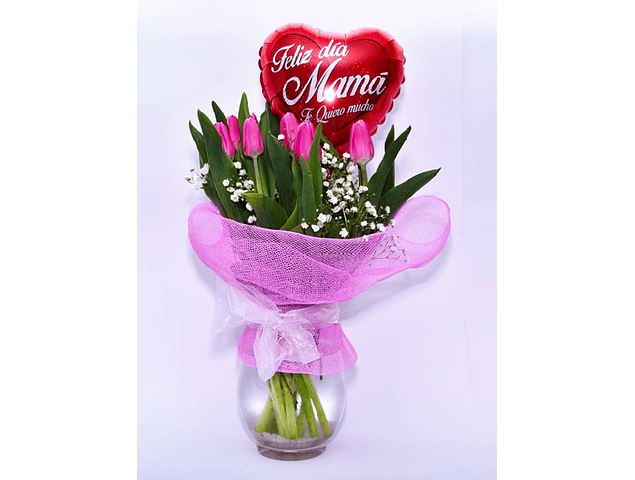 Florero de 10 Tulipanes con globo mamá