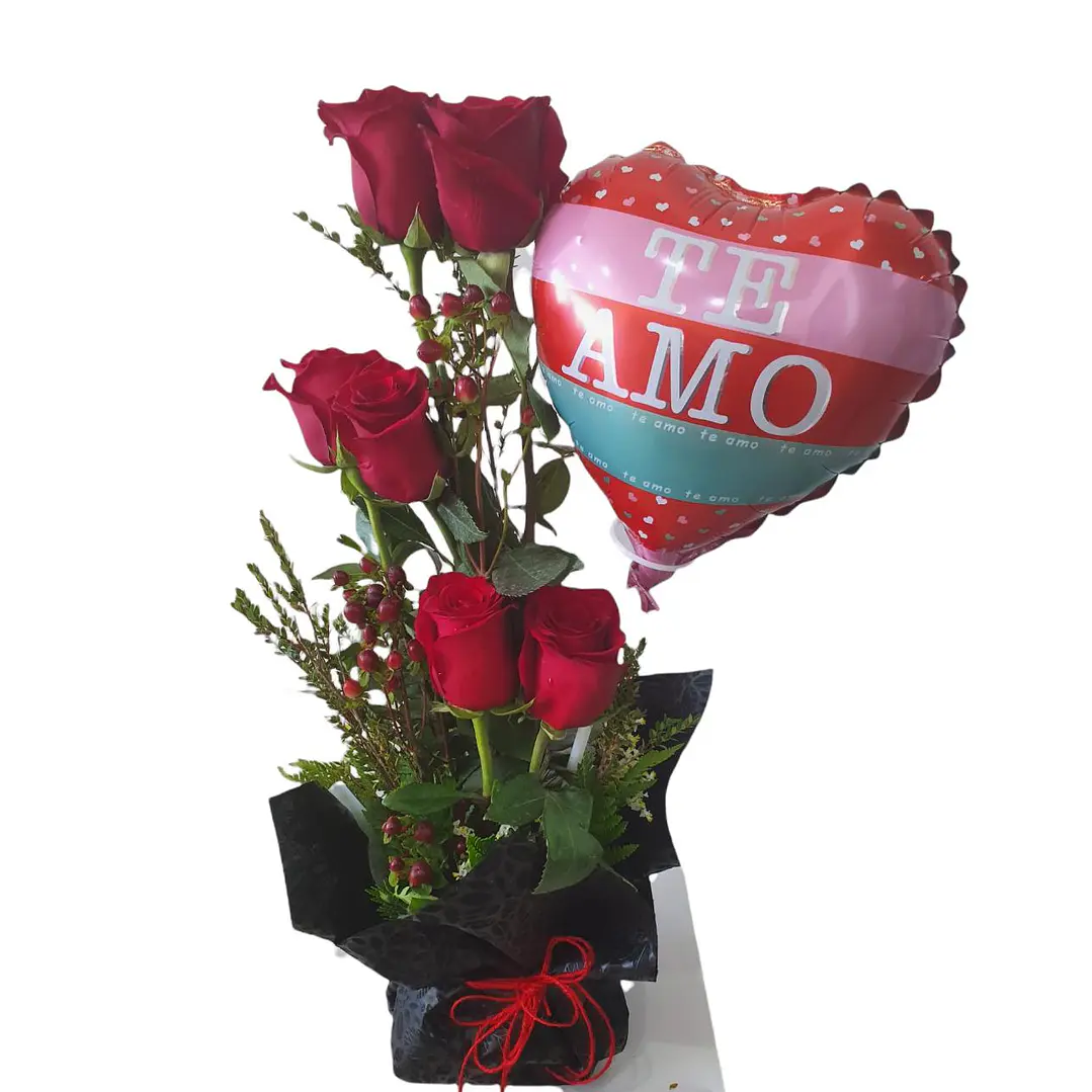 6 rosas en base más globo metálico | Transmite Cariño y Amor 1