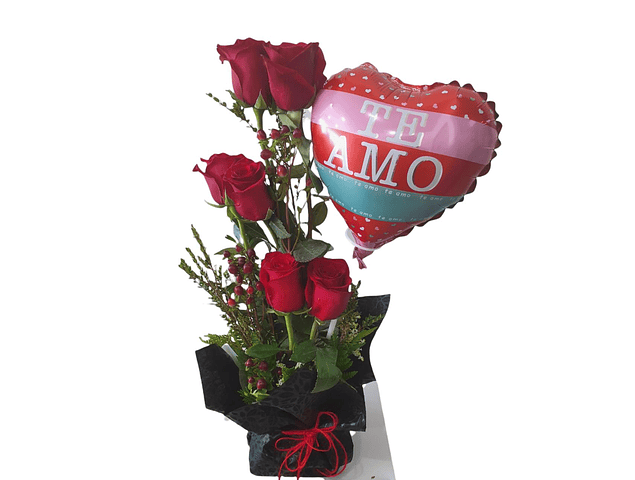 6 rosas en base más globo metálico | Transmite Cariño y Amor