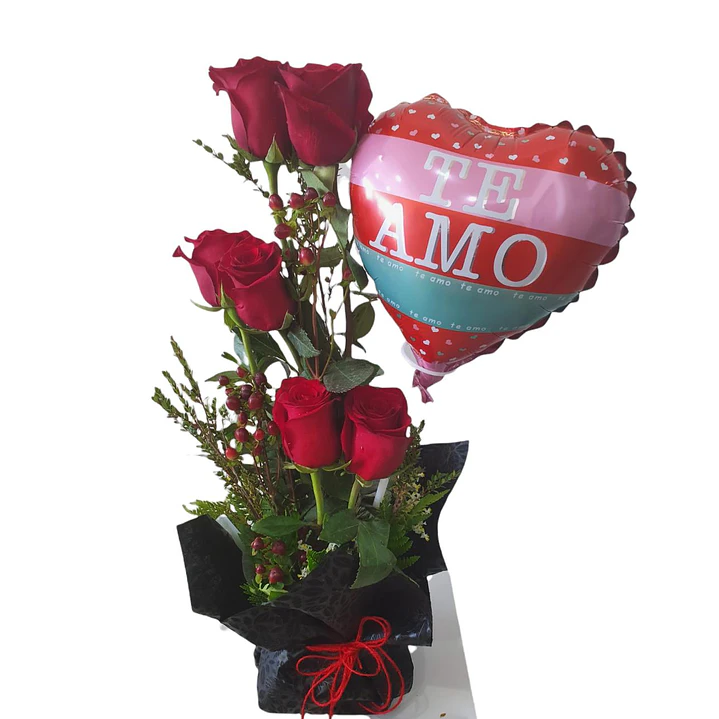 6 rosas en base más globo metálico | Transmite Cariño y Amor 1