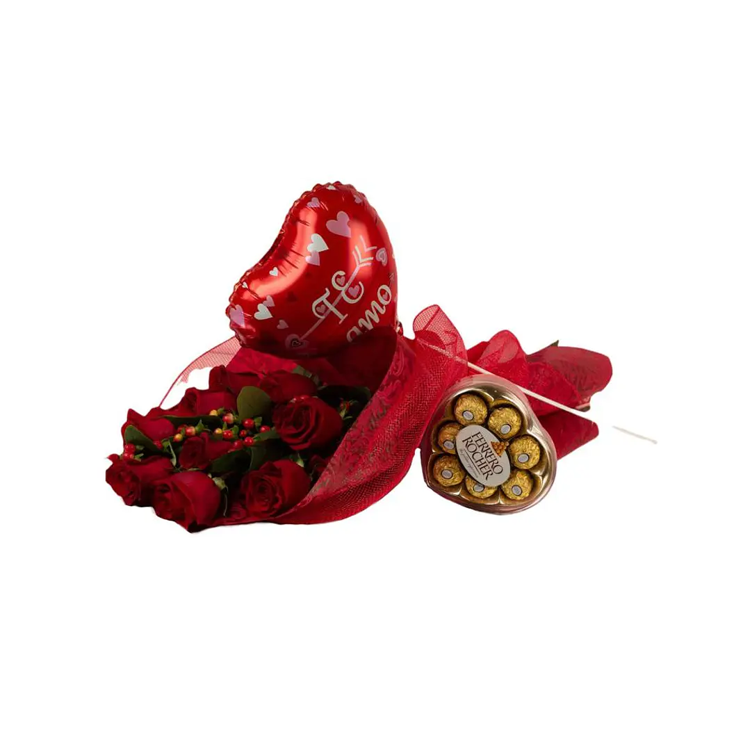 Ramo de 12 rosas con globo y chocolates corazón Ferrero | Expresa tu Cariño y Amor 1