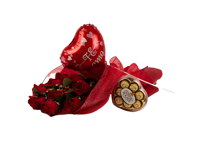 Ramo de 12 rosas con globo y chocolates corazón Ferrero | Expresa tu Cariño y Amor