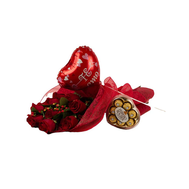 Ramo de 12 rosas con globo y chocolates corazón Ferrero | Expresa tu Cariño y Amor 1